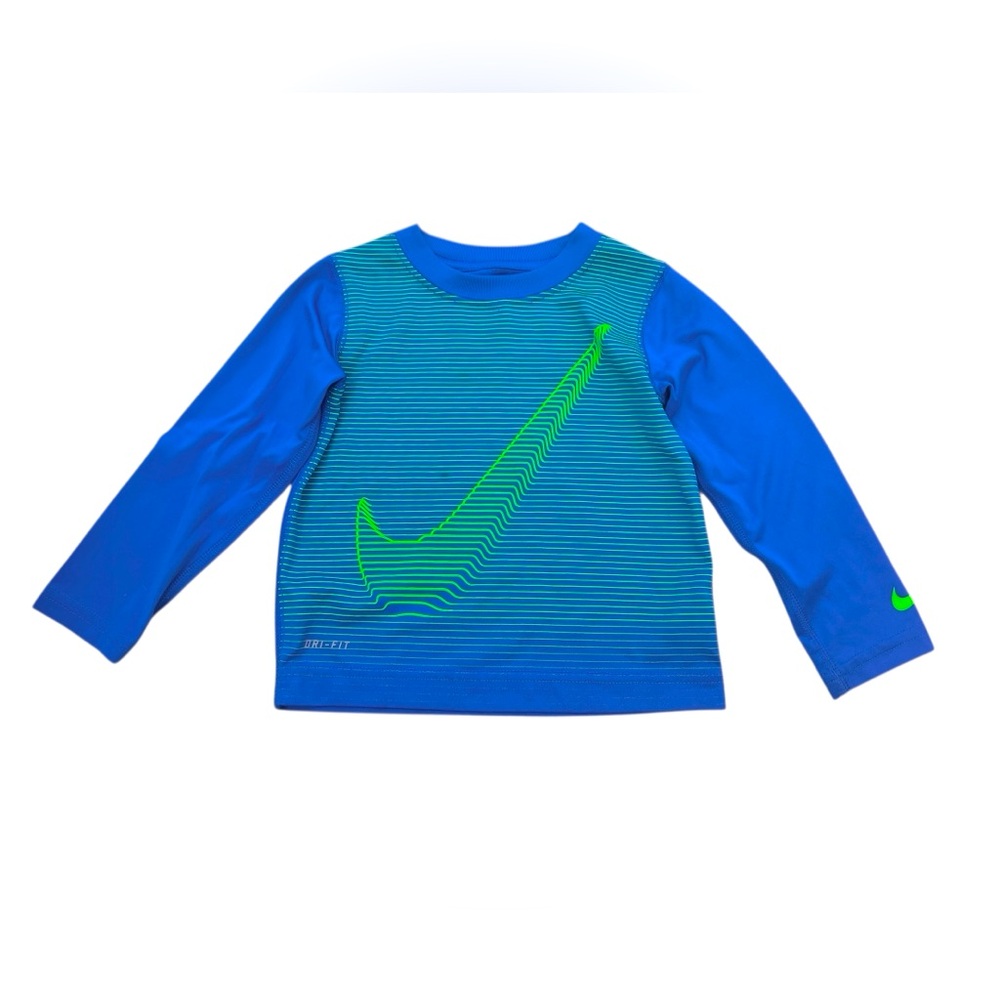 Nike Dri-Fit Kids' Athletic Blue Shirt with Neon Green Swoosh and Stripes